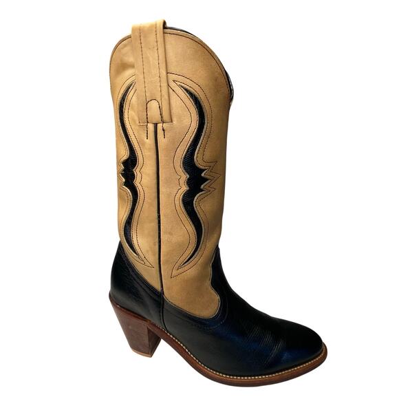 Frye Shoes - Frye Longhorn Inlay Leather Cowgirl Boots Sz 7.5 Black Tan Leather Vintage